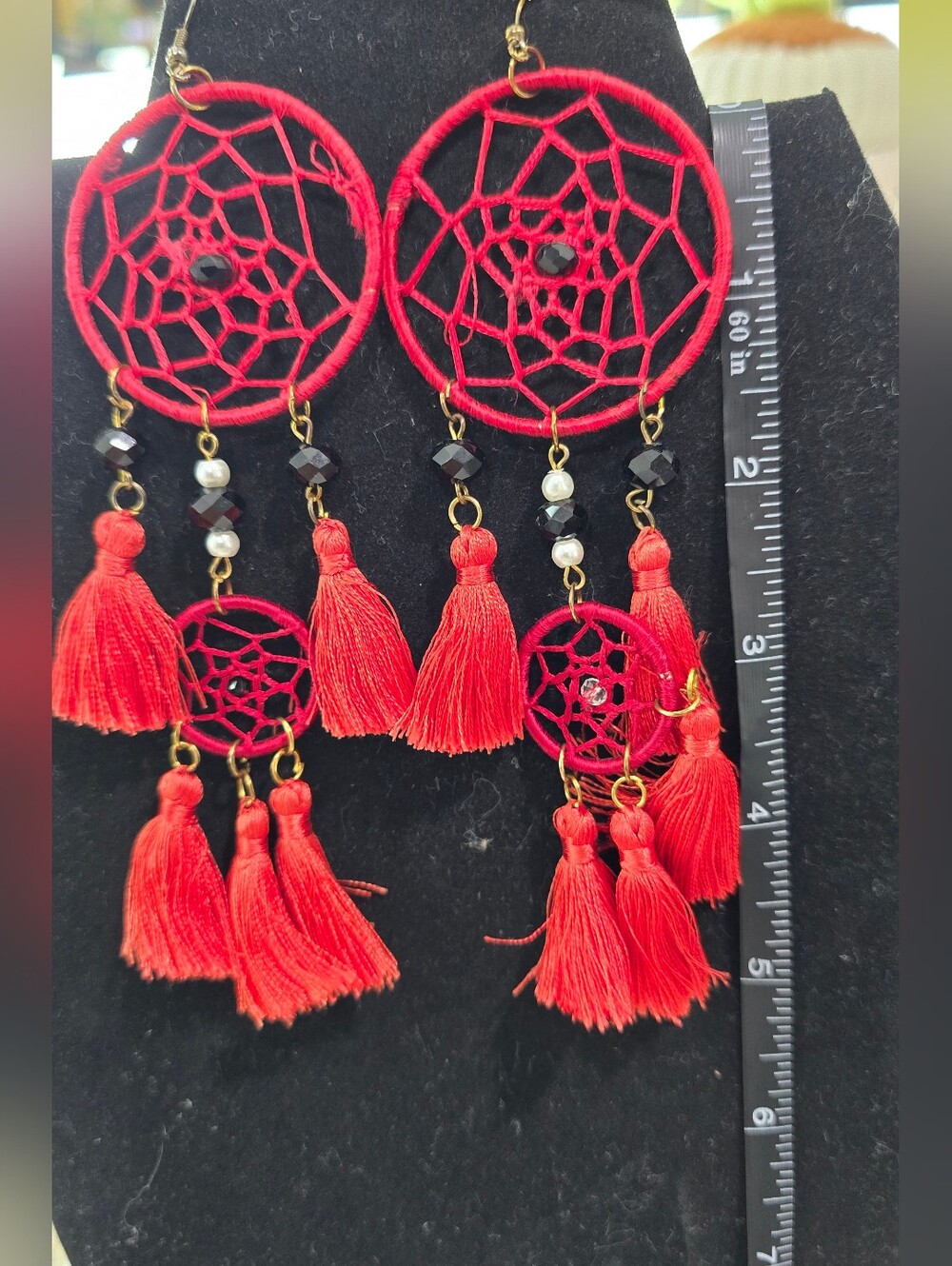Source Unknown Red Dreamcatcher Tassel Earrings with Black Beads - Picture 5 of 5